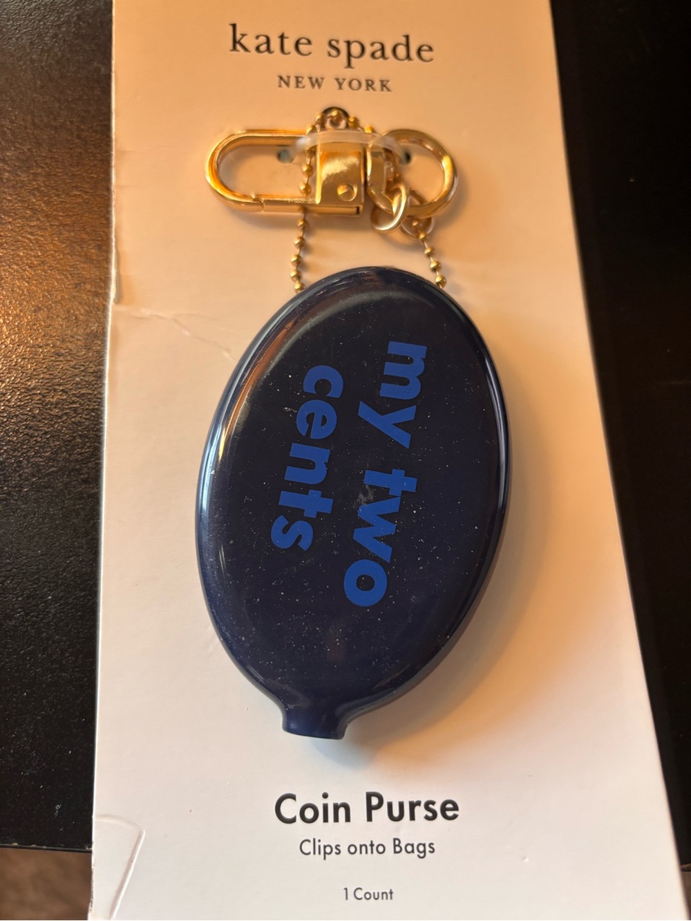 kate spade navy blue 'my two cents' coin purse keychain with gold hardware